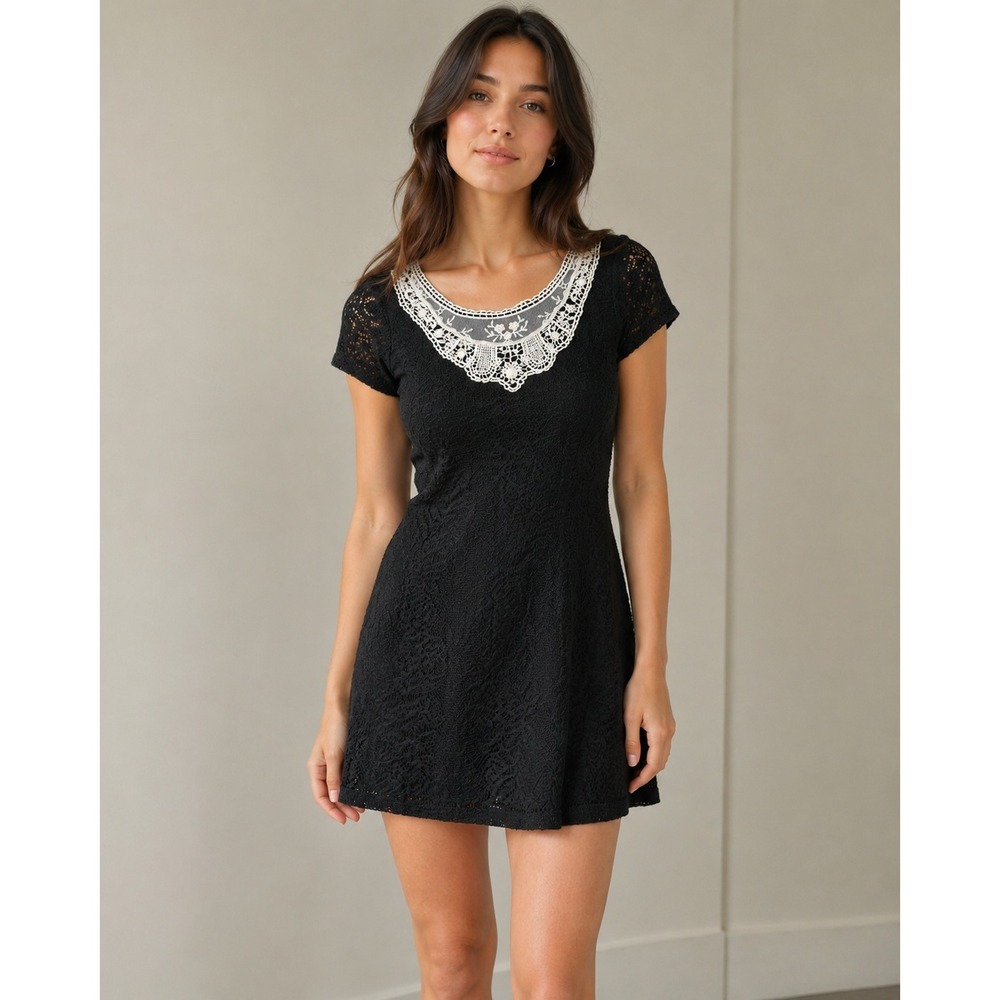 Black Lace Mini Dress Ivory Crochet Bib Pearl Detail Romantic Coquette S/M